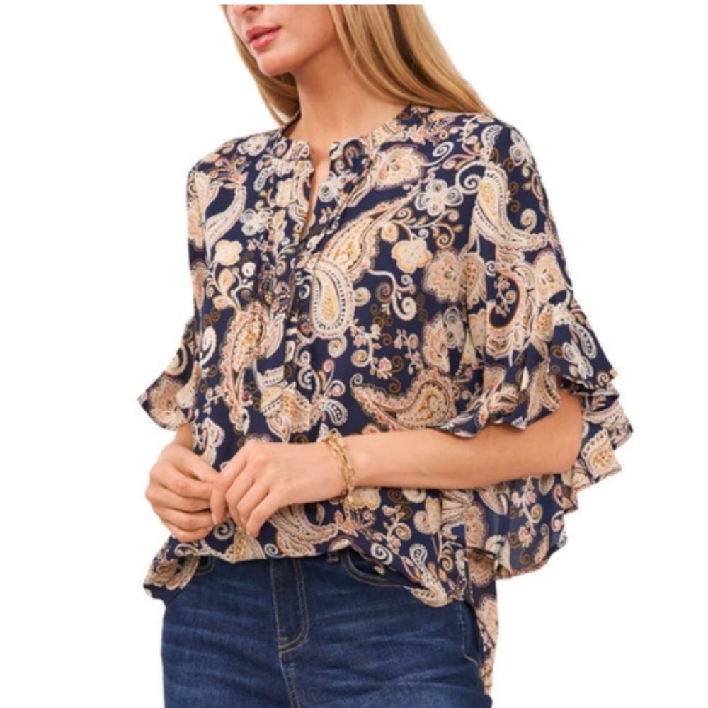 Vince Camuto Glasgow Paisley Flutter Sleeve Blouse - Picture 2 of 11